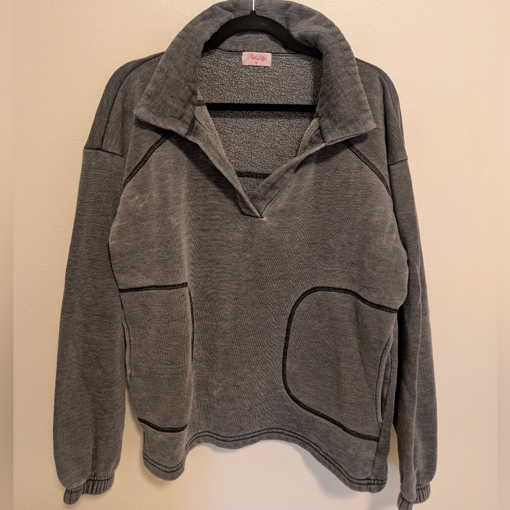Pink Lily Heather Gray Sweater with Dark Trim